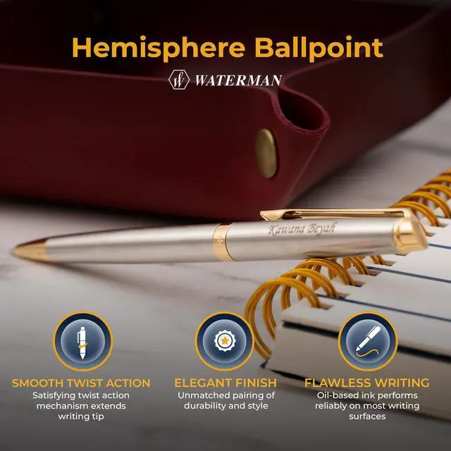 Alt view image 4 of 6 - Waterman Hemisphere Personalized Ballpoint, Stainless Steel, 23K Gold Trim | Engraved Pen for Retirement, Job Promotion, Executive, Waterman Gift Box Included