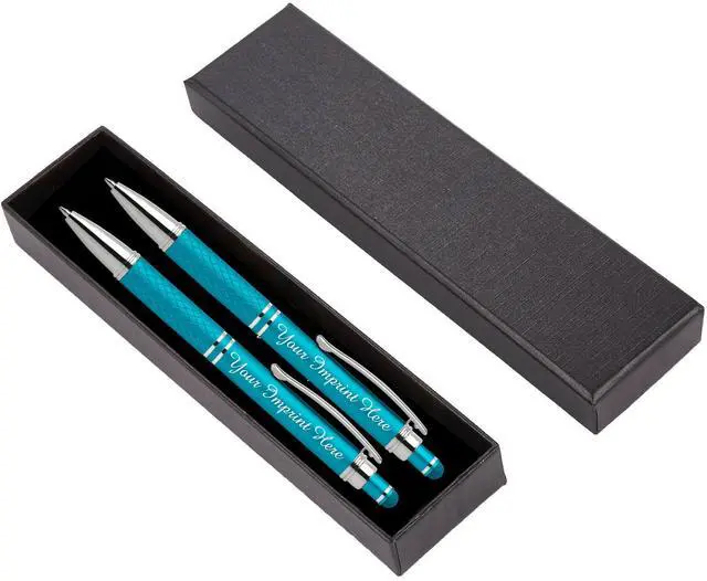 Main image of Custom Engraved Personalized Pen Gift Set - 2 Pack of Soft Touch Metal Ballpoint Pens with Gripper & Gift Box - Luxury Customized Pens with Name (Teal)