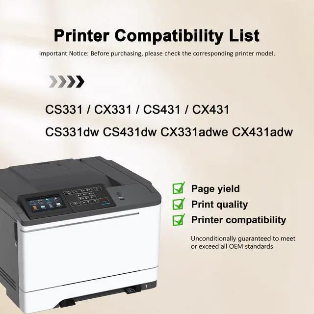 Alt view image 2 of 7 - CS331 CX331 Toner Cartridge 20N10 20N10K0 20N10C0 20N10M0 20N10Y0 with Chip | Replacement for Lexmark CS331dw CS431dw CX331adwe CX431adw CS431 CX431 Toner Printer 4 Pack