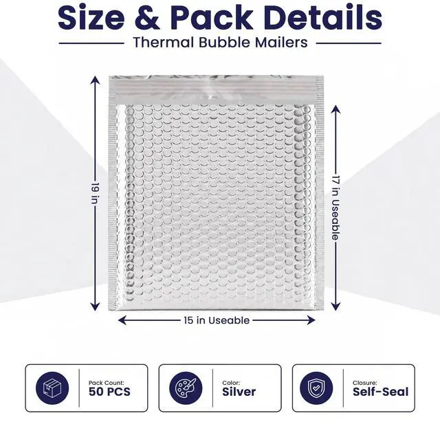 Alt view image 2 of 7 - Waterproof Self-Seal Insulated Foil Thermal Bubble Mailers 15x17, 50-Pack | Ideal for meal kits, frozen goods & bulk perishables. Tear-resistant metallic lining protects temperature-sensitive items