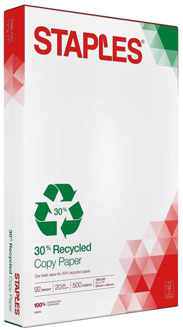 Main image of 30% Recycled 11x17 Paper 20 lbs 92 Bright 500/Ream, For Office, School & Home | Ledger-size sheets for office, school & home printing and copying needs