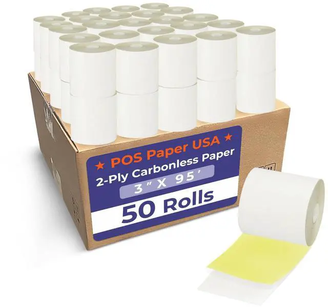 Main image of 3" x 95' 2-Ply Carbonless Paper (50 Rolls/Case) - White/Yellow - BPA Free