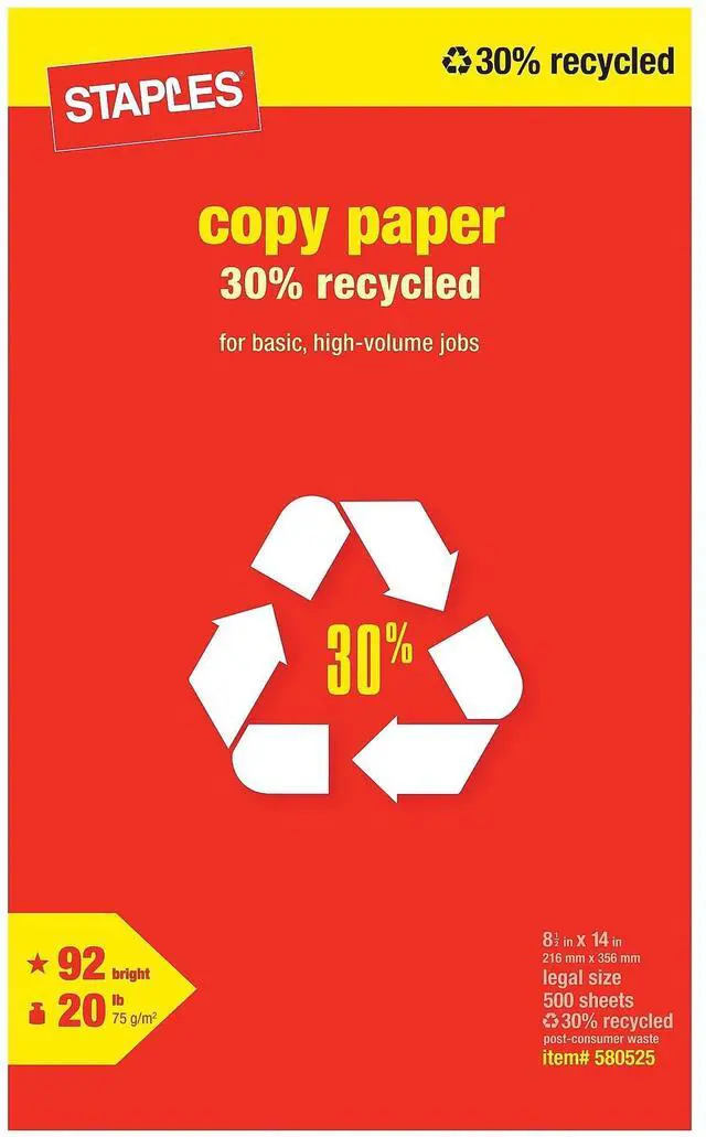 Main image of 30% Recycled 8.5" x 14" Copy Paper, 20 lbs., 92 Brightness, 500/Ream
