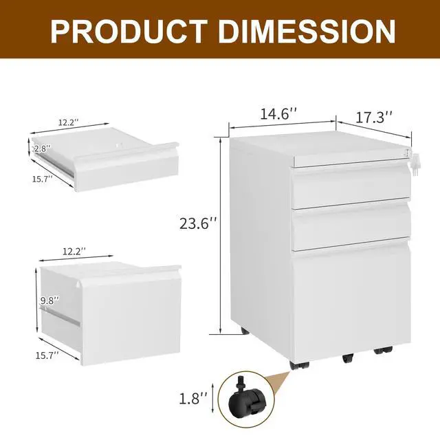 Alt view image 2 of 6 - 3 Drawer Metal Mobile File Cabinet with Lock and 4 Keys | Pre-Assembled Under DeskOffice Filing Cabinet for Home Office with Anti-tilt Wheels, A4/Legal/Letter Hanging File Drawers