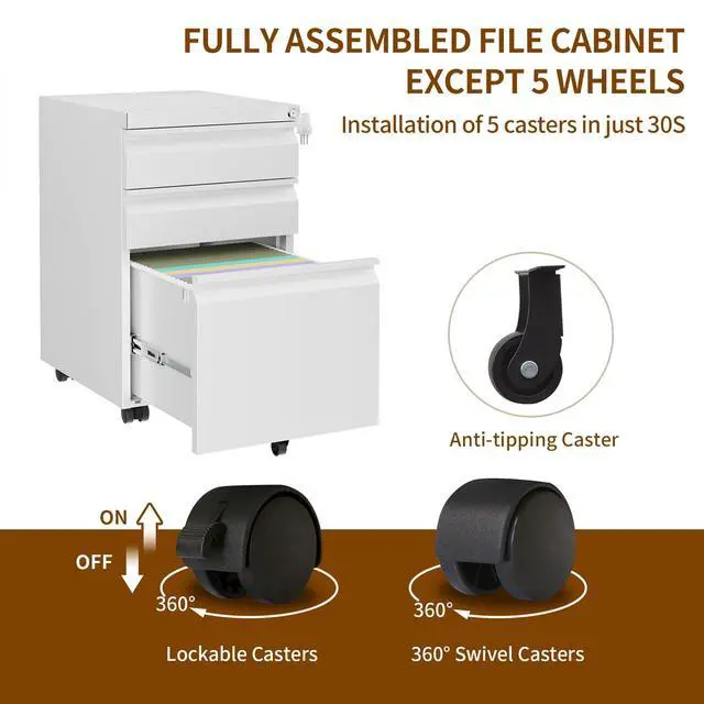 Alt view image 6 of 6 - 3 Drawer Metal Mobile File Cabinet with Lock and 4 Keys | Pre-Assembled Under DeskOffice Filing Cabinet for Home Office with Anti-tilt Wheels, A4/Legal/Letter Hanging File Drawers