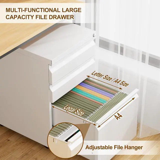 Alt view image 5 of 6 - 3 Drawer Metal Mobile File Cabinet with Lock and 4 Keys | Pre-Assembled Under DeskOffice Filing Cabinet for Home Office with Anti-tilt Wheels, A4/Legal/Letter Hanging File Drawers