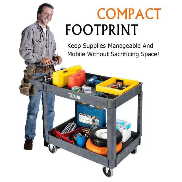 Alt view image 2 of 7 - Plastic Service Utility Cart with Wheels, 550lbs Capacity, Heavy Duty Tub W/Deep Shelves, Multipurpose Rolling Extra Large 2-Tier Mobile Storage Organizer, Warehouse Garage Industrial Cart