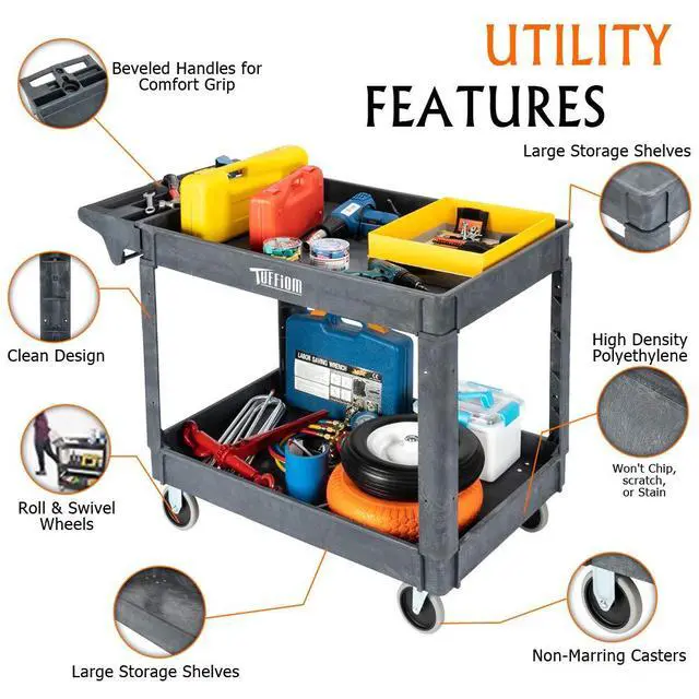 Alt view image 3 of 7 - Plastic Service Utility Cart with Wheels, 550lbs Capacity, Heavy Duty Tub W/Deep Shelves, Multipurpose Rolling Extra Large 2-Tier Mobile Storage Organizer, Warehouse Garage Industrial Cart