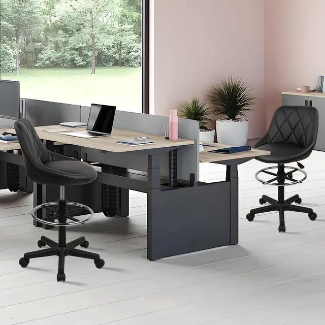 Alt view image 2 of 7 - Drafting Chair with Back, Leather Rolling Swivel Stool with Adjustable Height and Footrest, Ergonomic Tall Standing Desk Office Chairs with Wheels for Home Work Shop Kitchen Bar, 2PK