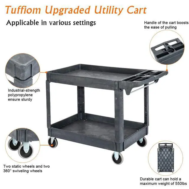 Alt view image 4 of 7 - Plastic Service Utility Cart with Wheels, 550lbs Capacity, Heavy Duty Tub W/Deep Shelves, Multipurpose Rolling Extra Large 2-Tier Mobile Storage Organizer, Warehouse Garage Industrial Cart