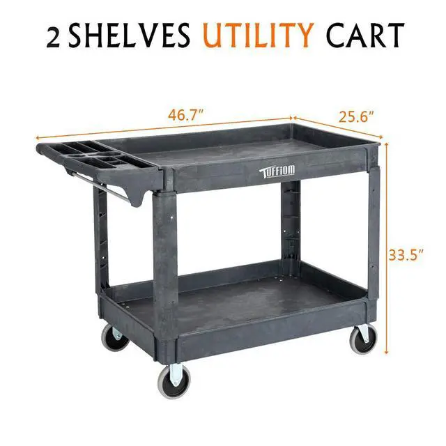 Alt view image 5 of 7 - Plastic Service Utility Cart with Wheels, 550lbs Capacity, Heavy Duty Tub W/Deep Shelves, Multipurpose Rolling Extra Large 2-Tier Mobile Storage Organizer, Warehouse Garage Industrial Cart