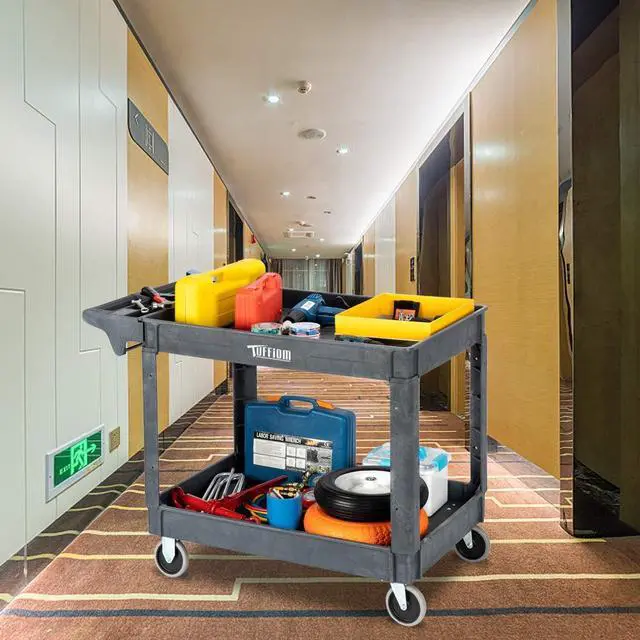 Alt view image 6 of 7 - Plastic Service Utility Cart with Wheels, 550lbs Capacity, Heavy Duty Tub W/Deep Shelves, Multipurpose Rolling Extra Large 2-Tier Mobile Storage Organizer, Warehouse Garage Industrial Cart
