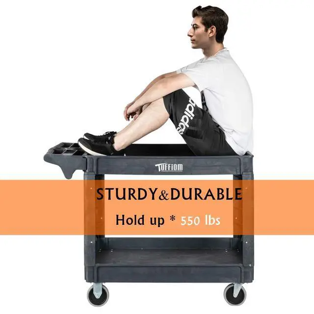 Alt view image 7 of 7 - Plastic Service Utility Cart with Wheels, 550lbs Capacity, Heavy Duty Tub W/Deep Shelves, Multipurpose Rolling Extra Large 2-Tier Mobile Storage Organizer, Warehouse Garage Industrial Cart