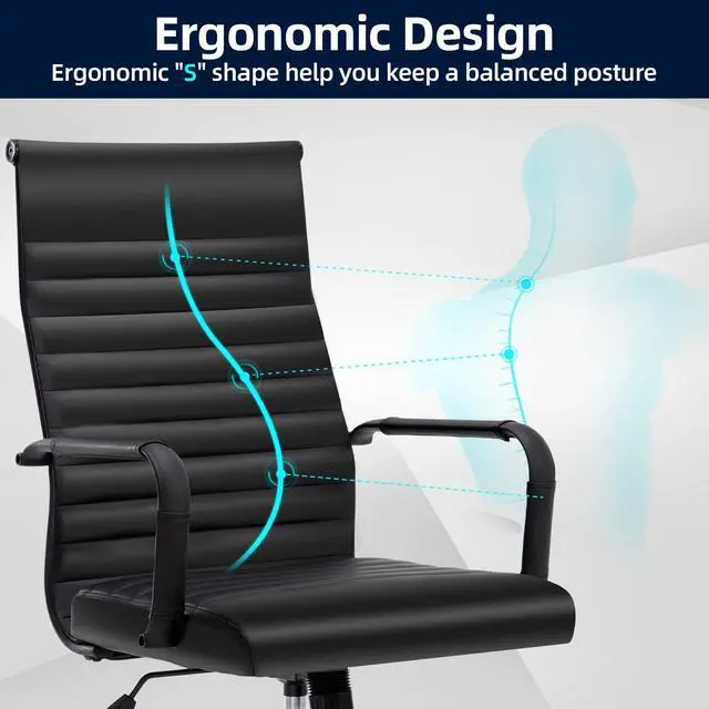 Alt view image 6 of 7 - Office Chair, Ergonomic Executive Conference Room Chairs, Ribbed Leather Desk Chair with Lumbar Support, Adjustable Height Mid-Back Swivel Chair with Padded Seat