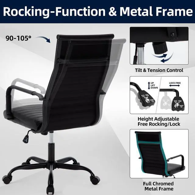Alt view image 5 of 7 - Office Chair, Ergonomic Executive Conference Room Chairs, Ribbed Leather Desk Chair with Lumbar Support, Adjustable Height Mid-Back Swivel Chair with Padded Seat