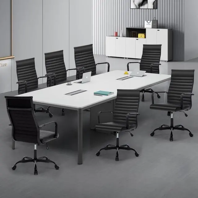 Alt view image 4 of 7 - Office Chair, Ergonomic Executive Conference Room Chairs, Ribbed Leather Desk Chair with Lumbar Support, Adjustable Height Mid-Back Swivel Chair with Padded Seat