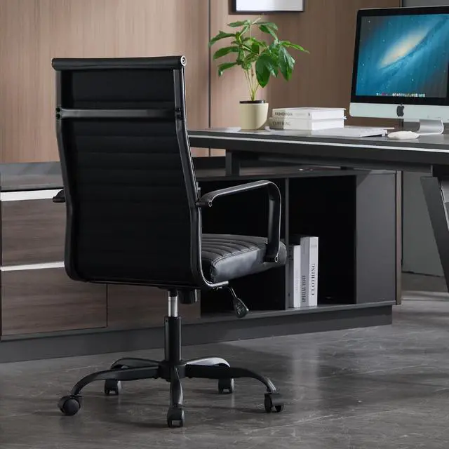 Alt view image 3 of 7 - Office Chair, Ergonomic Executive Conference Room Chairs, Ribbed Leather Desk Chair with Lumbar Support, Adjustable Height Mid-Back Swivel Chair with Padded Seat
