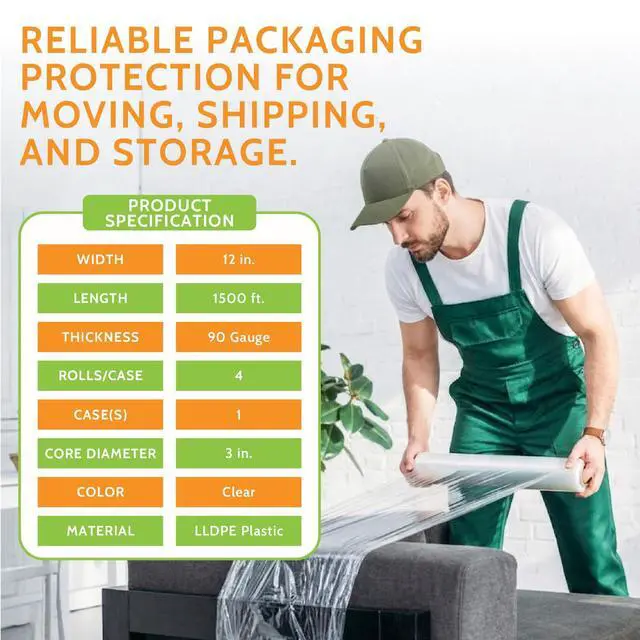 Alt view image 3 of 7 - PSBM Cast Hand Stretch Wrap Plastic Shrink Film 12" x 1500' 90 GA 4 Rolls | Heavy Duty up to 800% Ultimate Stretch Clear Plastic Wrap Industrial Strength Shrink Film for Moving, Packing & Shipping