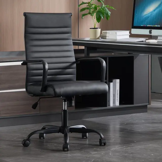 Main image of Office Chair, Ergonomic Executive Conference Room Chairs, Ribbed Leather Desk Chair with Lumbar Support, Adjustable Height Mid-Back Swivel Chair with Padded Seat