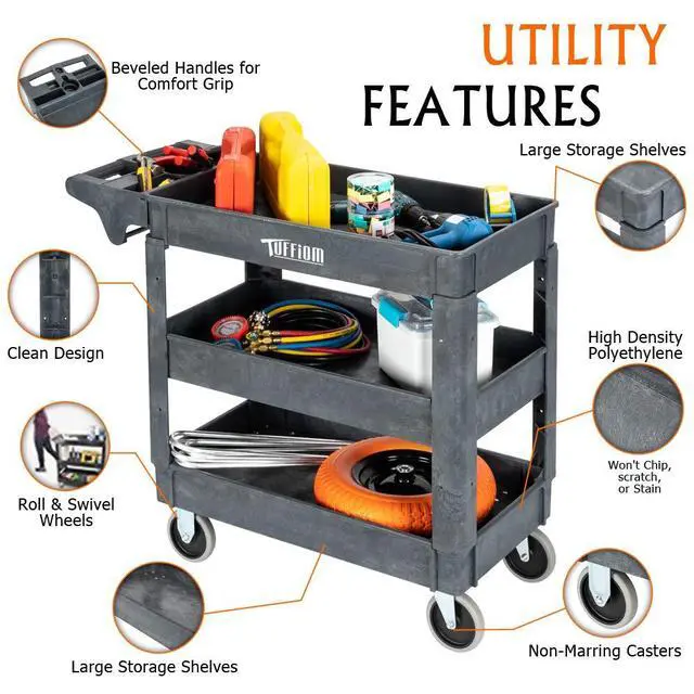 Alt view image 2 of 7 - Plastic Service Utility Cart with Wheels, 550lbs Capacity, Heavy Duty Tub W/Deep Shelves, Multipurpose Rolling 3-Tier Mobile Storage Organizer, for Warehouse Garage Industrial Cart