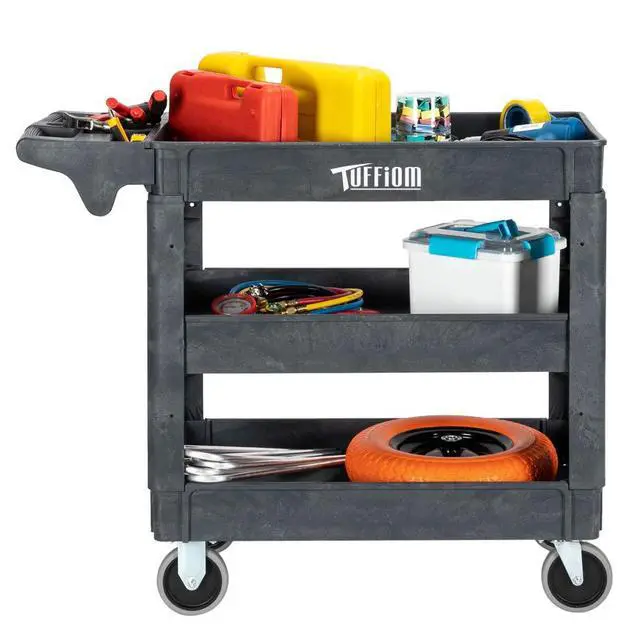 Alt view image 3 of 7 - Plastic Service Utility Cart with Wheels, 550lbs Capacity, Heavy Duty Tub W/Deep Shelves, Multipurpose Rolling 3-Tier Mobile Storage Organizer, for Warehouse Garage Industrial Cart