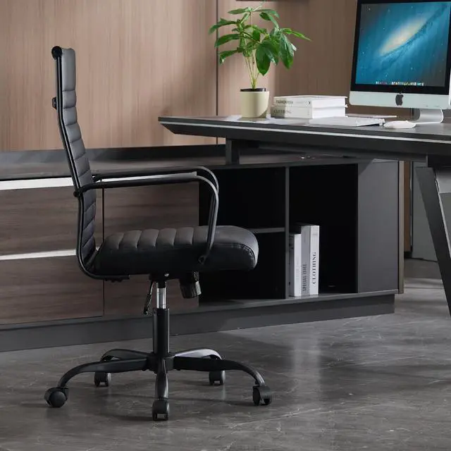Alt view image 7 of 7 - Office Chair, Ergonomic Executive Conference Room Chairs, Ribbed Leather Desk Chair with Lumbar Support, Adjustable Height Mid-Back Swivel Chair with Padded Seat