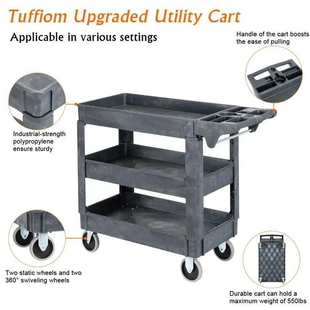 Alt view image 5 of 7 - Plastic Service Utility Cart with Wheels, 550lbs Capacity, Heavy Duty Tub W/Deep Shelves, Multipurpose Rolling 3-Tier Mobile Storage Organizer, for Warehouse Garage Industrial Cart