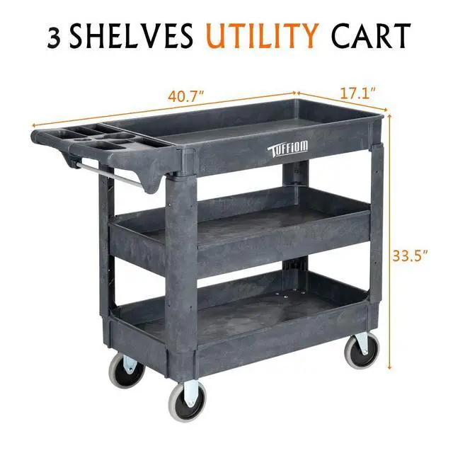 Alt view image 4 of 7 - Plastic Service Utility Cart with Wheels, 550lbs Capacity, Heavy Duty Tub W/Deep Shelves, Multipurpose Rolling 3-Tier Mobile Storage Organizer, for Warehouse Garage Industrial Cart