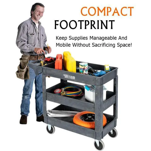 Alt view image 7 of 7 - Plastic Service Utility Cart with Wheels, 550lbs Capacity, Heavy Duty Tub W/Deep Shelves, Multipurpose Rolling 3-Tier Mobile Storage Organizer, for Warehouse Garage Industrial Cart