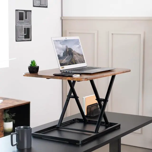 Alt view image 2 of 7 - Ultra-Slim Single Top Height Adjustable Standing Desk Riser, Compact Sit Stand Desktop Converter for Monitor or Laptop, Rustic Vintage Brown, DESK-V001JN