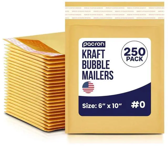 Main image of Self-Seal Kraft Bubble Mailers 6x10, 250-Pack Padded Envelopes | Bubble-lined interior protects jewelry, cosmetics, accessories & small parts. Tear-resistant, lightweight, peel-and-seal