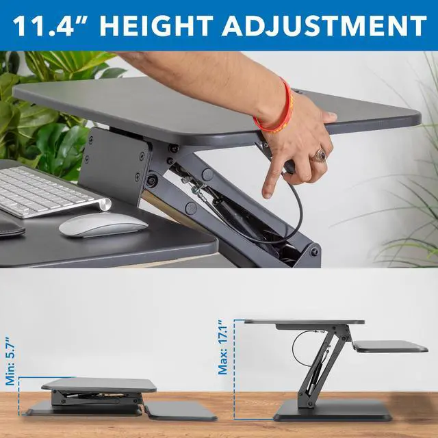 Alt view image 4 of 7 - Compact Standing Desk Riser, Height Adjustable Desktop Sit Stand Workstation with Gas Spring, Tabletop Stand Up Desk with Keyboard Tray, Black
