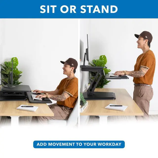 Alt view image 3 of 7 - Compact Standing Desk Riser, Height Adjustable Desktop Sit Stand Workstation with Gas Spring, Tabletop Stand Up Desk with Keyboard Tray, Black