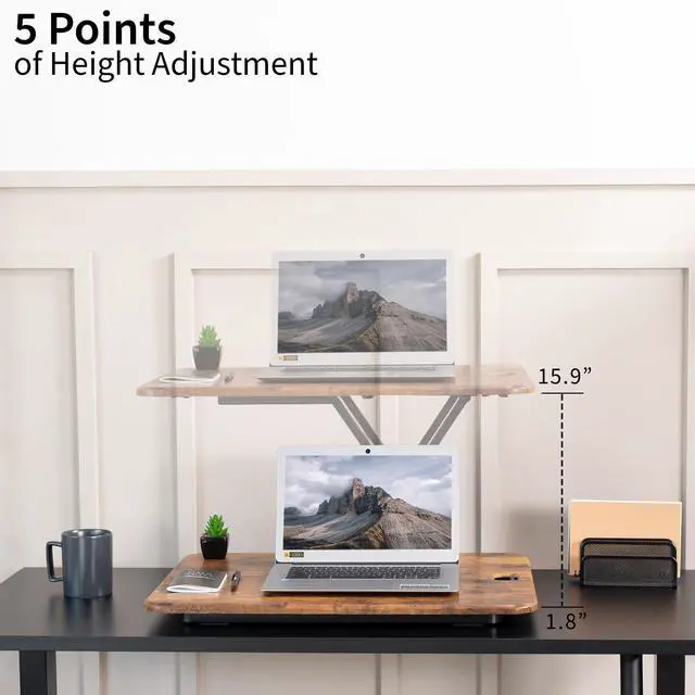 Alt view image 3 of 7 - Ultra-Slim Single Top Height Adjustable Standing Desk Riser, Compact Sit Stand Desktop Converter for Monitor or Laptop, Rustic Vintage Brown, DESK-V001JN