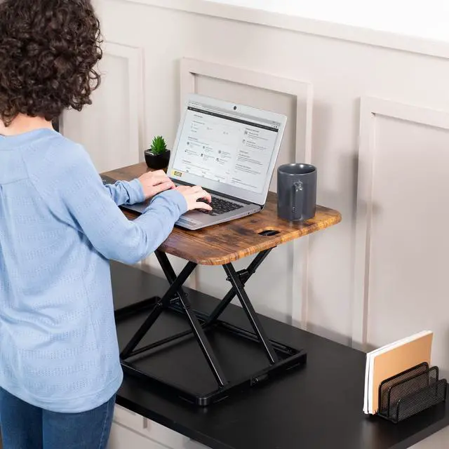 Alt view image 5 of 7 - Ultra-Slim Single Top Height Adjustable Standing Desk Riser, Compact Sit Stand Desktop Converter for Monitor or Laptop, Rustic Vintage Brown, DESK-V001JN