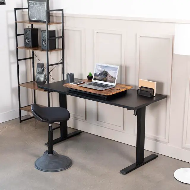 Alt view image 6 of 7 - Ultra-Slim Single Top Height Adjustable Standing Desk Riser, Compact Sit Stand Desktop Converter for Monitor or Laptop, Rustic Vintage Brown, DESK-V001JN