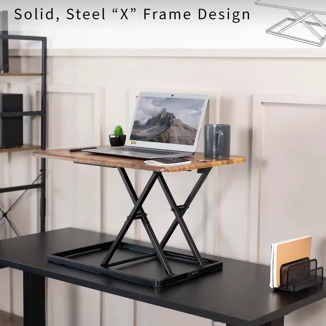 Alt view image 4 of 7 - Ultra-Slim Single Top Height Adjustable Standing Desk Riser, Compact Sit Stand Desktop Converter for Monitor or Laptop, Rustic Vintage Brown, DESK-V001JN