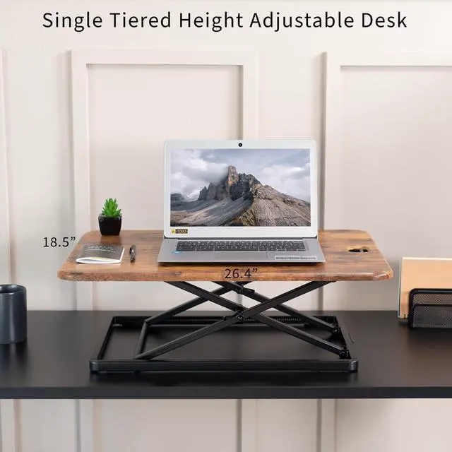 Alt view image 7 of 7 - Ultra-Slim Single Top Height Adjustable Standing Desk Riser, Compact Sit Stand Desktop Converter for Monitor or Laptop, Rustic Vintage Brown, DESK-V001JN