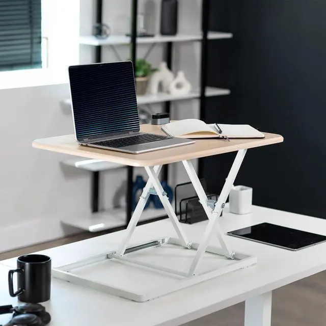 Alt view image 2 of 7 - Ultra-Slim Single Top Height Adjustable Standing Desk Riser, Compact Sit Stand Desktop Converter for Monitor or Laptop, Light Wood, DESK-V001JF