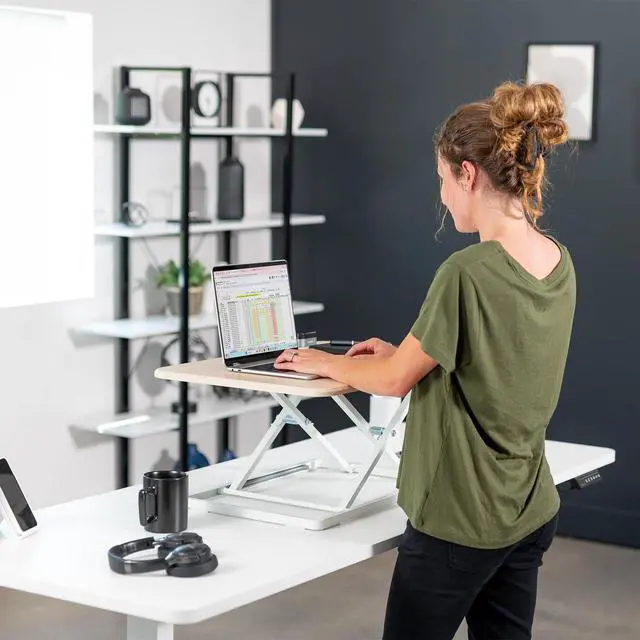 Alt view image 5 of 7 - Ultra-Slim Single Top Height Adjustable Standing Desk Riser, Compact Sit Stand Desktop Converter for Monitor or Laptop, Light Wood, DESK-V001JF