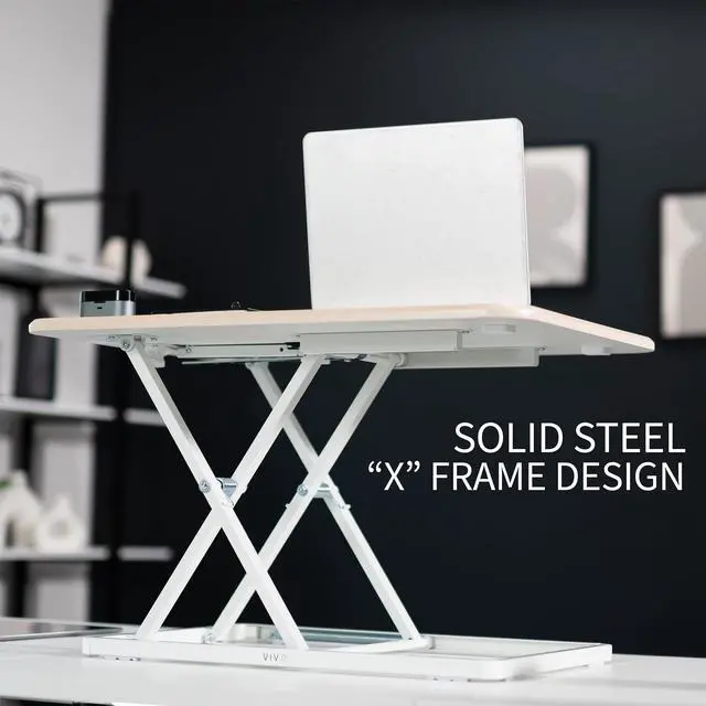Alt view image 4 of 7 - Ultra-Slim Single Top Height Adjustable Standing Desk Riser, Compact Sit Stand Desktop Converter for Monitor or Laptop, Light Wood, DESK-V001JF