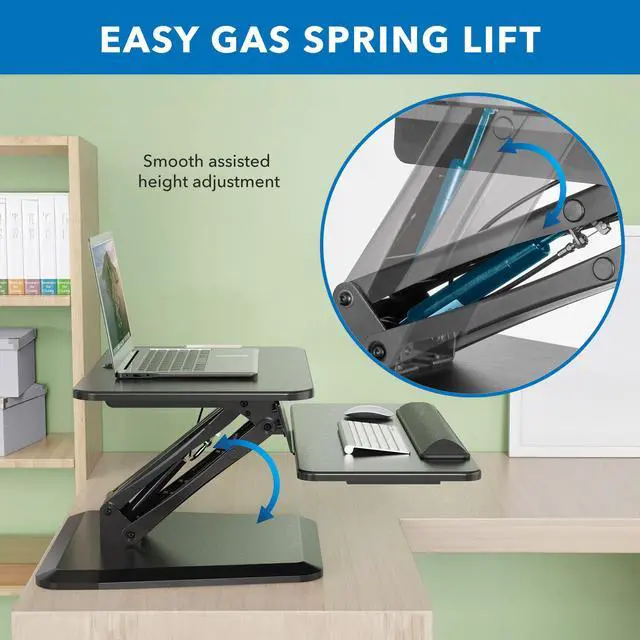 Alt view image 6 of 7 - Compact Standing Desk Riser, Height Adjustable Desktop Sit Stand Workstation with Gas Spring, Tabletop Stand Up Desk with Keyboard Tray, Black