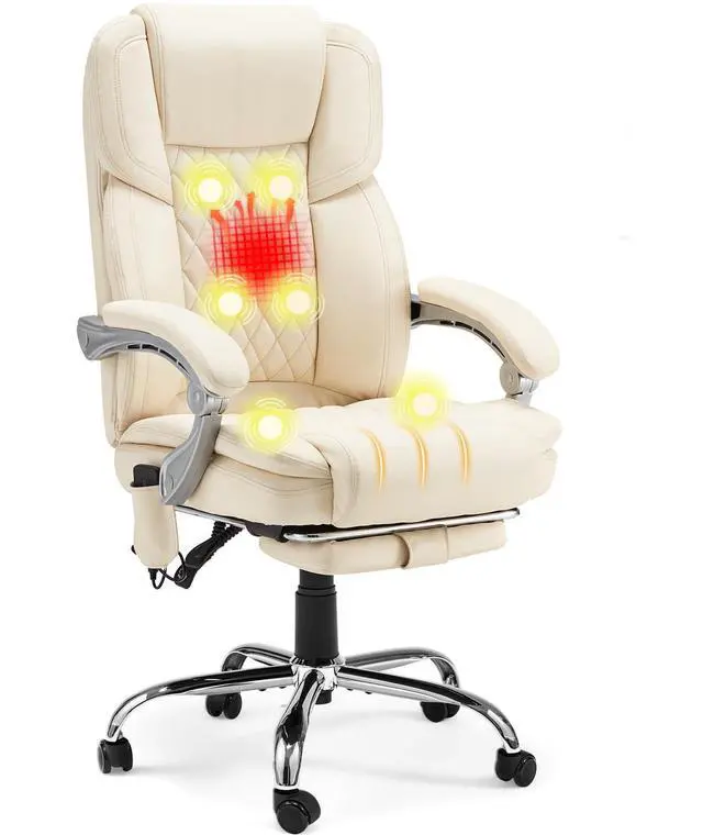 Main image of Heated Massage Executive Office Chair with Footrest,Cream | 6-Point Vibration Massage, Lumbar Heat,8 Vibration Modes,135° Recline Premium PU Leather Computer Office Desk Chair