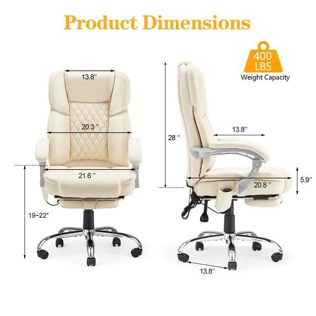 Alt view image 3 of 7 - Heated Massage Executive Office Chair with Footrest,Cream | 6-Point Vibration Massage, Lumbar Heat,8 Vibration Modes,135° Recline Premium PU Leather Computer Office Desk Chair