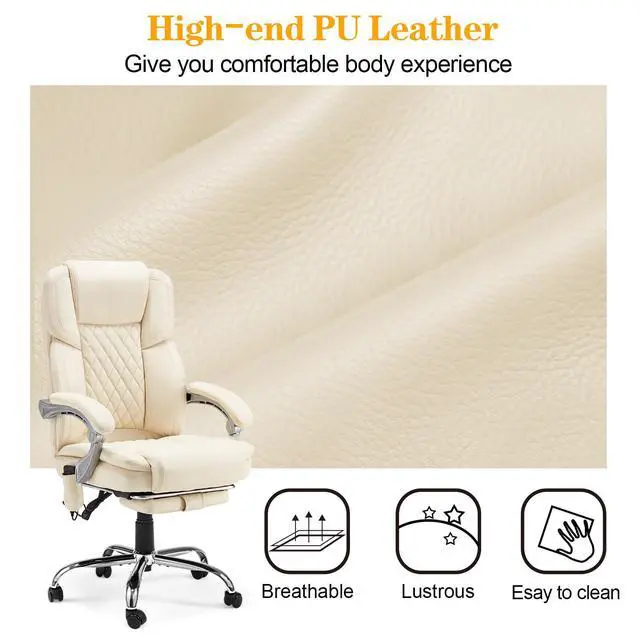Alt view image 7 of 7 - Heated Massage Executive Office Chair with Footrest,Cream | 6-Point Vibration Massage, Lumbar Heat,8 Vibration Modes,135° Recline Premium PU Leather Computer Office Desk Chair
