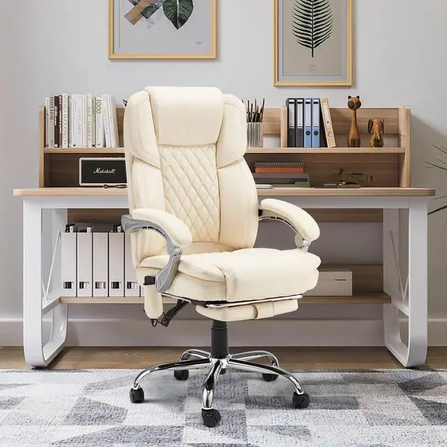 Alt view image 2 of 7 - Heated Massage Executive Office Chair with Footrest,Cream | 6-Point Vibration Massage, Lumbar Heat,8 Vibration Modes,135° Recline Premium PU Leather Computer Office Desk Chair