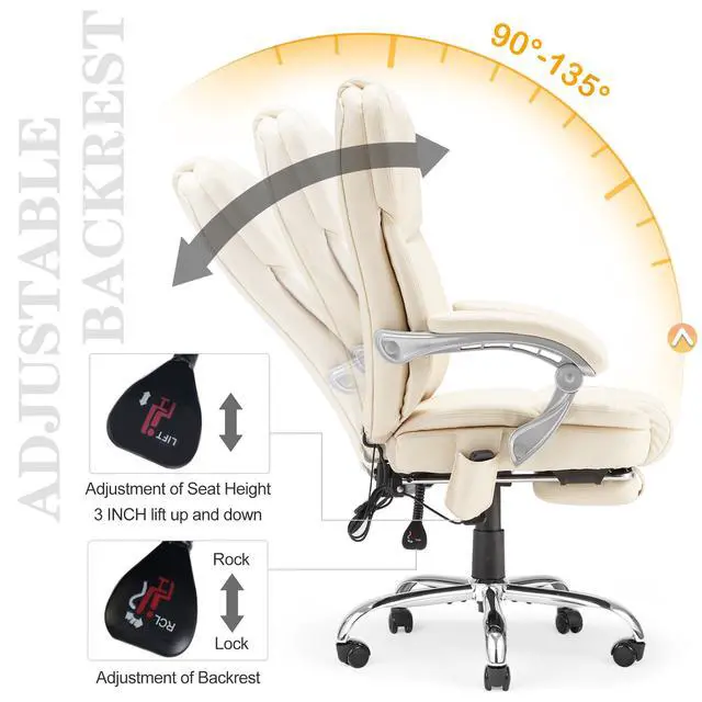 Alt view image 5 of 7 - Heated Massage Executive Office Chair with Footrest,Cream | 6-Point Vibration Massage, Lumbar Heat,8 Vibration Modes,135° Recline Premium PU Leather Computer Office Desk Chair