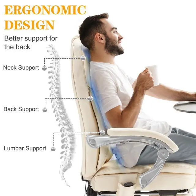 Alt view image 6 of 7 - Heated Massage Executive Office Chair with Footrest,Cream | 6-Point Vibration Massage, Lumbar Heat,8 Vibration Modes,135° Recline Premium PU Leather Computer Office Desk Chair
