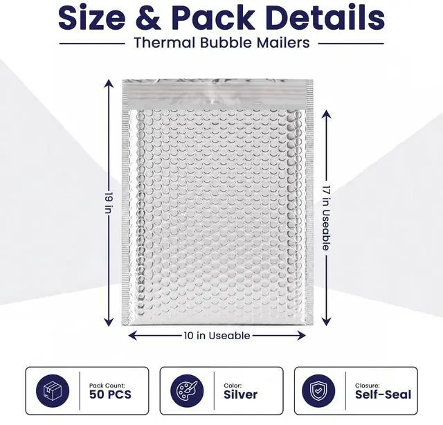 Alt view image 2 of 7 - Waterproof Insulated Foil Thermal Bubble Mailers 10x17, 50-Pack | Ideal for food, skincare, cosmetics & perishables. Tear-resistant metallic lining protects temperature-sensitive items