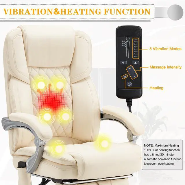 Alt view image 4 of 7 - Heated Massage Executive Office Chair with Footrest,Cream | 6-Point Vibration Massage, Lumbar Heat,8 Vibration Modes,135° Recline Premium PU Leather Computer Office Desk Chair